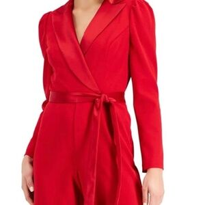 Adrianna Papell Women’s Knit Crepe Tuxedo Jumpsuit Red 4 Long-sleeve WORN ONCE